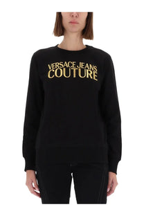 Versace Jeans Couture women’s black long-sleeved sweatshirt with gold embroidered logo on the chest