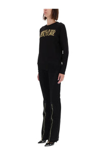 Versace Jeans Couture women’s black sweatshirt with long sleeves and gold logo lettering across the chest