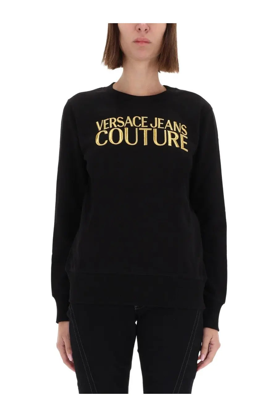 Versace Jeans Couture women’s black long-sleeved sweatshirt with gold logo lettering across the chest
