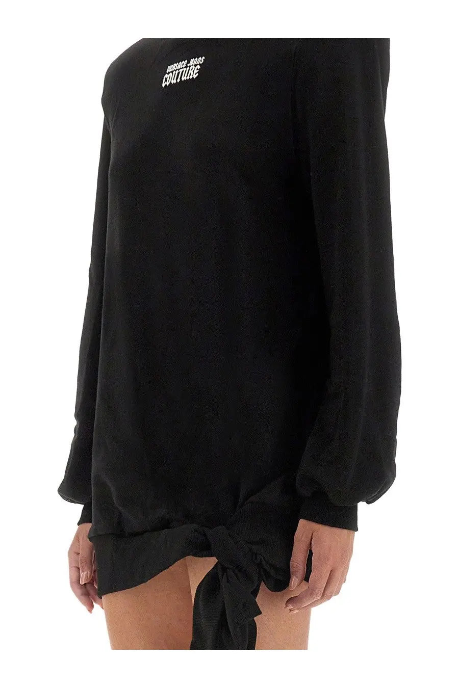 Versace Jeans Couture women’s black satin-like long-sleeved sweatshirt dress with knotted hem and white logo embroidery