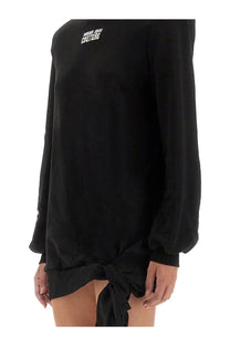 Versace Jeans Couture women’s black satin-like long-sleeved sweatshirt dress with knotted hem and white logo embroidery