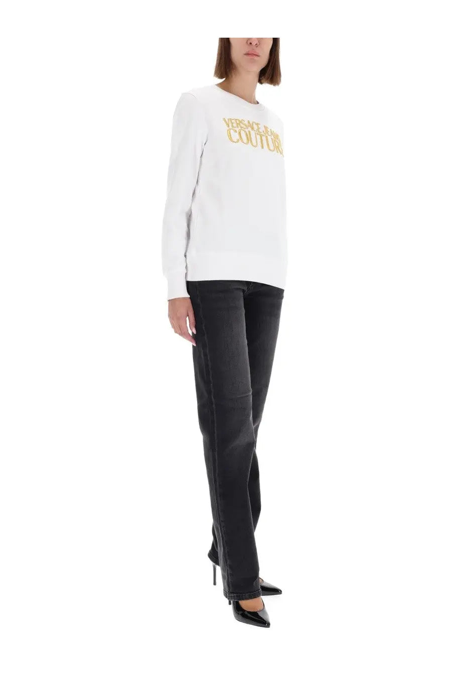 Versace Jeans Couture women’s white long-sleeved sweatshirt with gold lettering across the chest