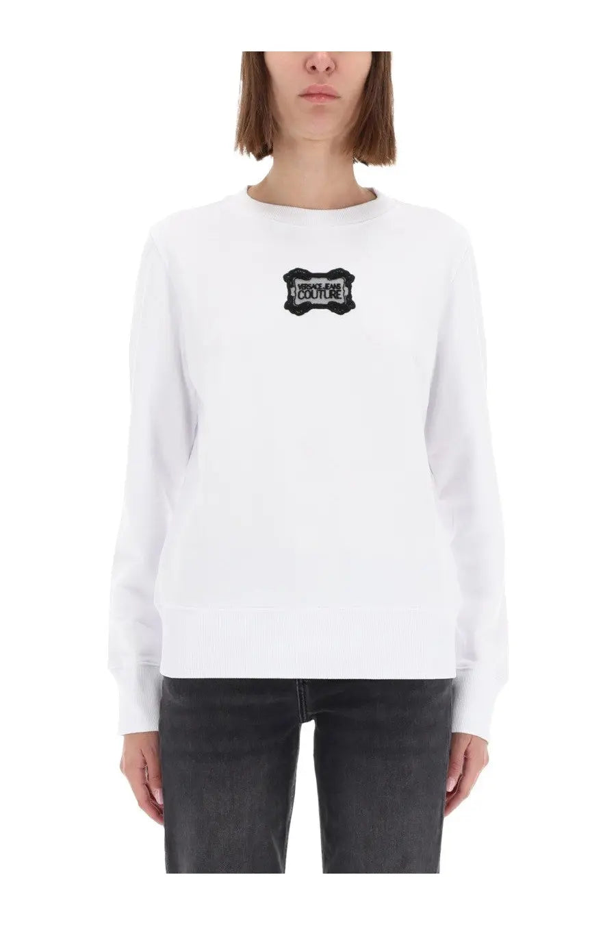 White long-sleeved cotton sweatshirt with black embroidered Versace Jeans Couture logo on the chest for women