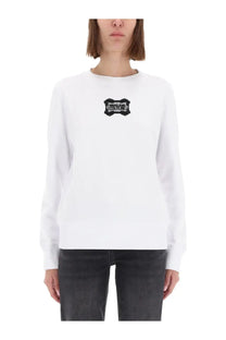 White long-sleeved cotton sweatshirt with black embroidered Versace Jeans Couture logo on the chest for women
