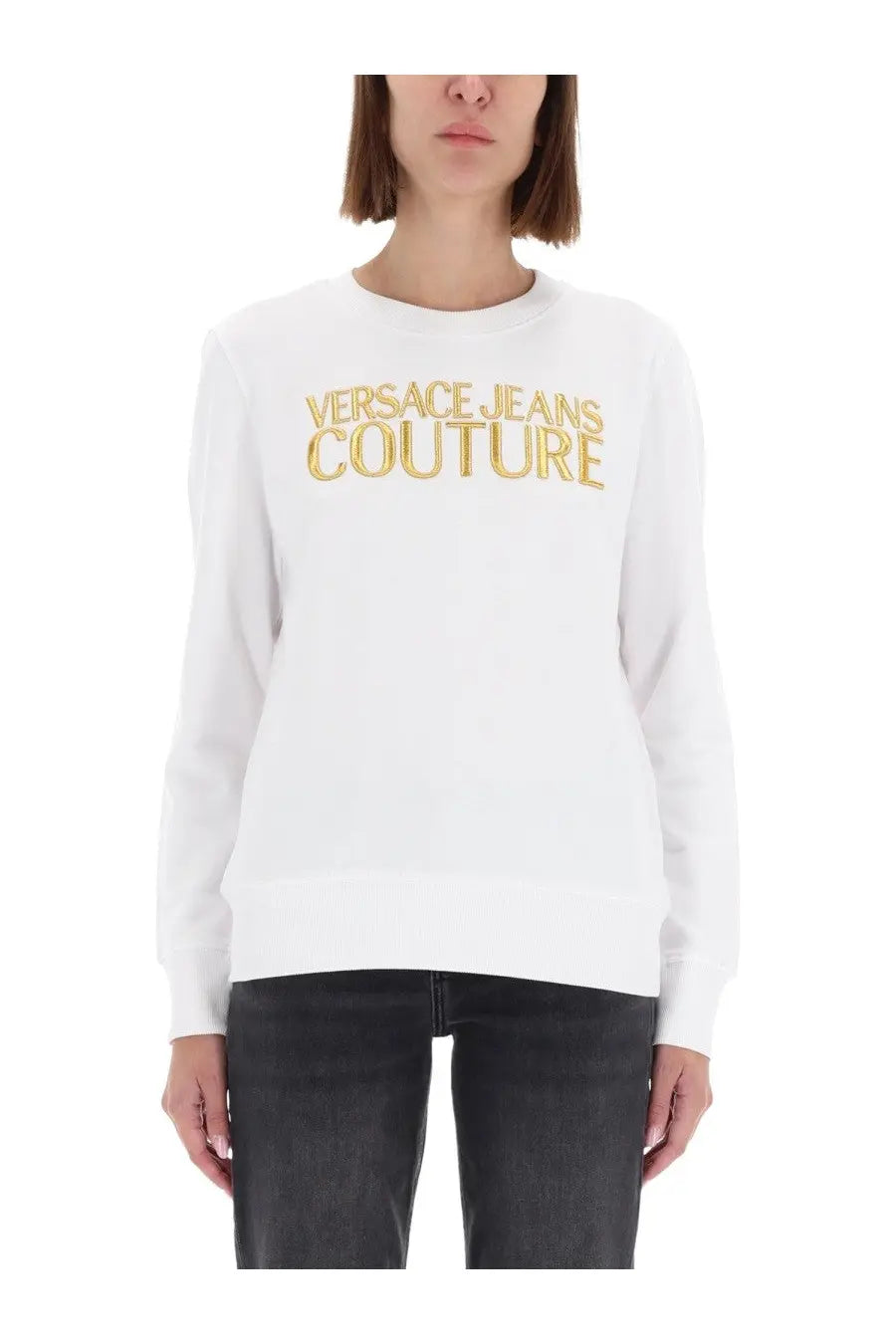 Versace Jeans Couture women’s white long-sleeved sweatshirt with gold embroidered logo across the chest