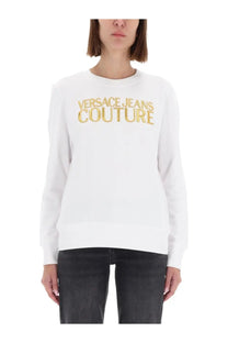 Versace Jeans Couture women’s white long-sleeved sweatshirt with gold embroidered logo across the chest