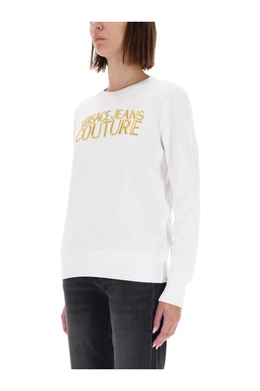 White long-sleeved Versace Jeans Couture sweatshirt with gold embroidered logo across the chest for women