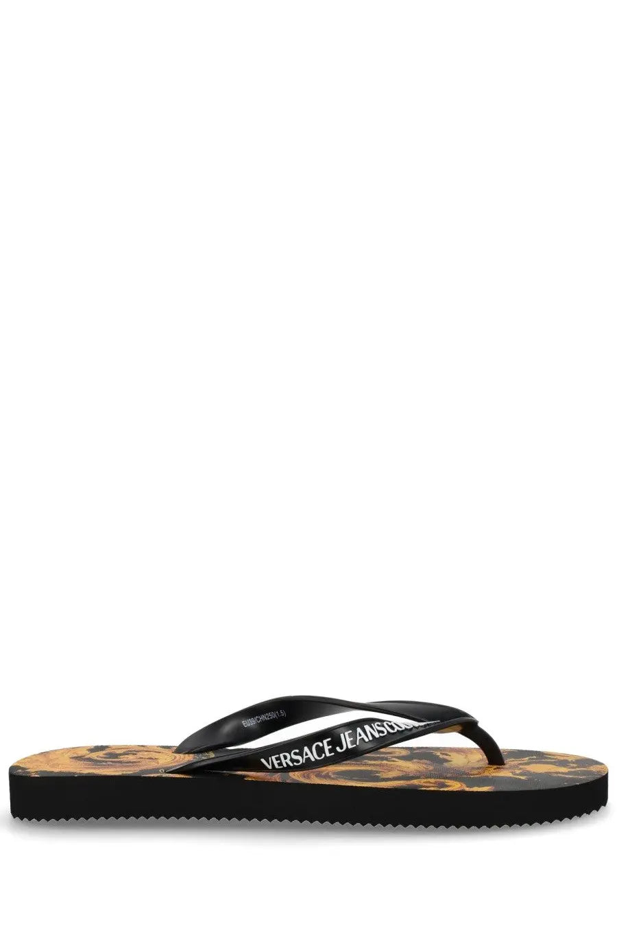 Versace jeans couture women’s black thong sandal with golden brown medusa head sole and white logo strap branding