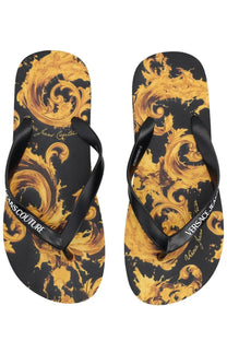 Versace jeans couture women’s black thong sandal with black straps and black and gold ornate baroque pattern