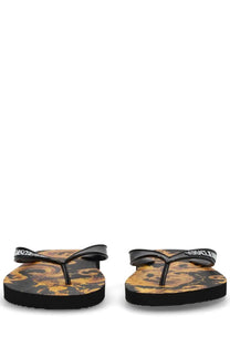Versace jeans couture women’s thong sandal in black with gold patterned glossy flip-flops featuring versace logo straps