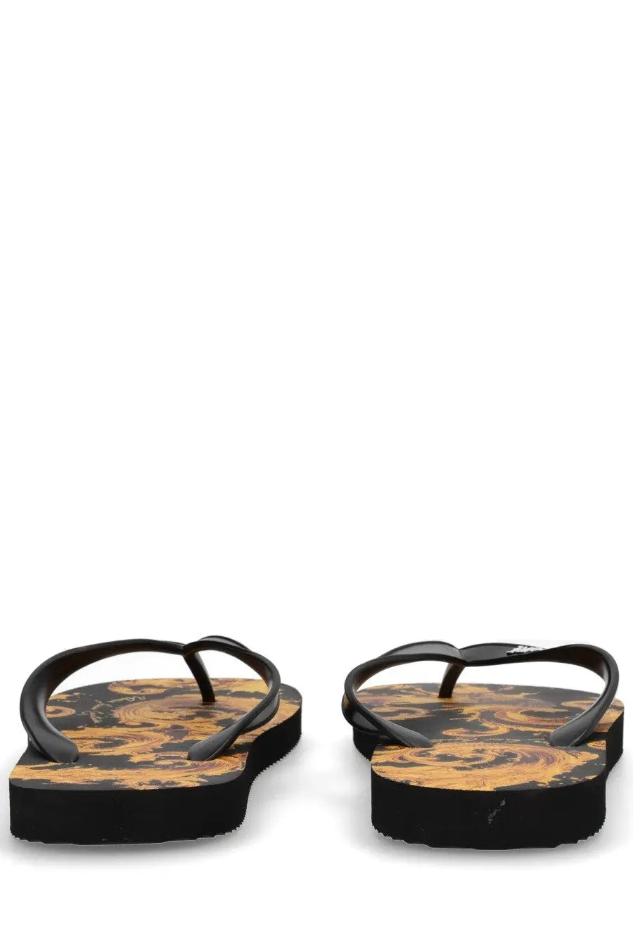 Versace Jeans Couture women’s black platform thong sandals with bold gold and black ornate patterned soles