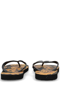 Versace Jeans Couture women’s black platform thong sandals with bold gold and black ornate patterned soles