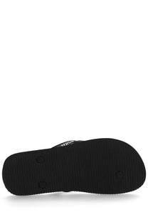 Versace jeans couture women’s black rubber thong sandal with white logo on the strap