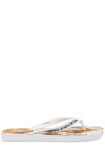 Versace Jeans Couture women’s white thong sandal with gold and brown ornate pattern and branded strap