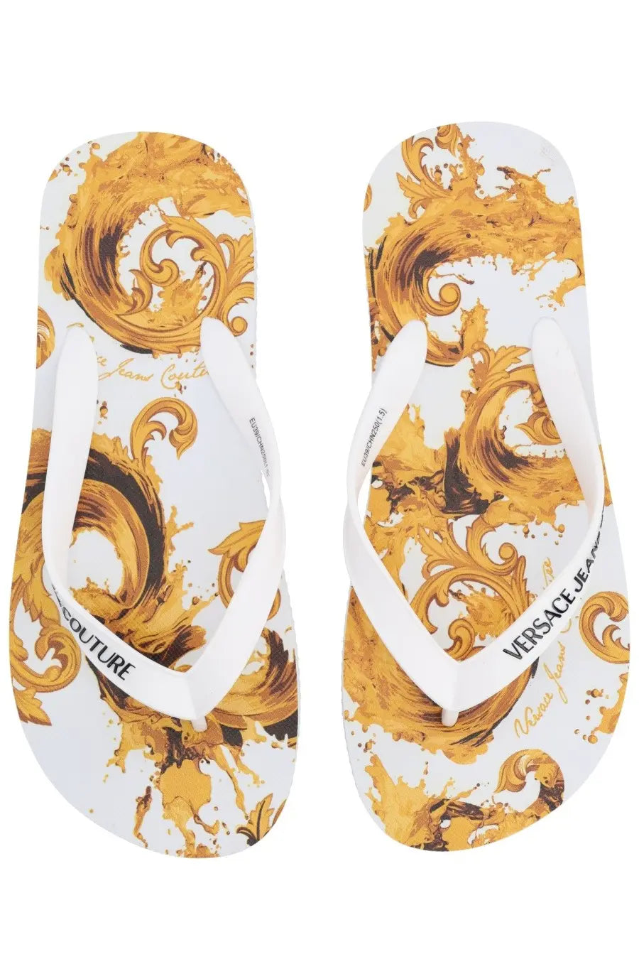 Versace Jeans Couture women’s white thong sandal with bold gold ornate baroque pattern on flip-flop straps
