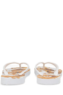 Versace Jeans Couture women’s white platform flip-flops with gold and brown ornate baroque pattern on the sole