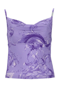 Versace Jeans Couture women’s purple satin camisole top with swirling water and script print in viscosa fabric