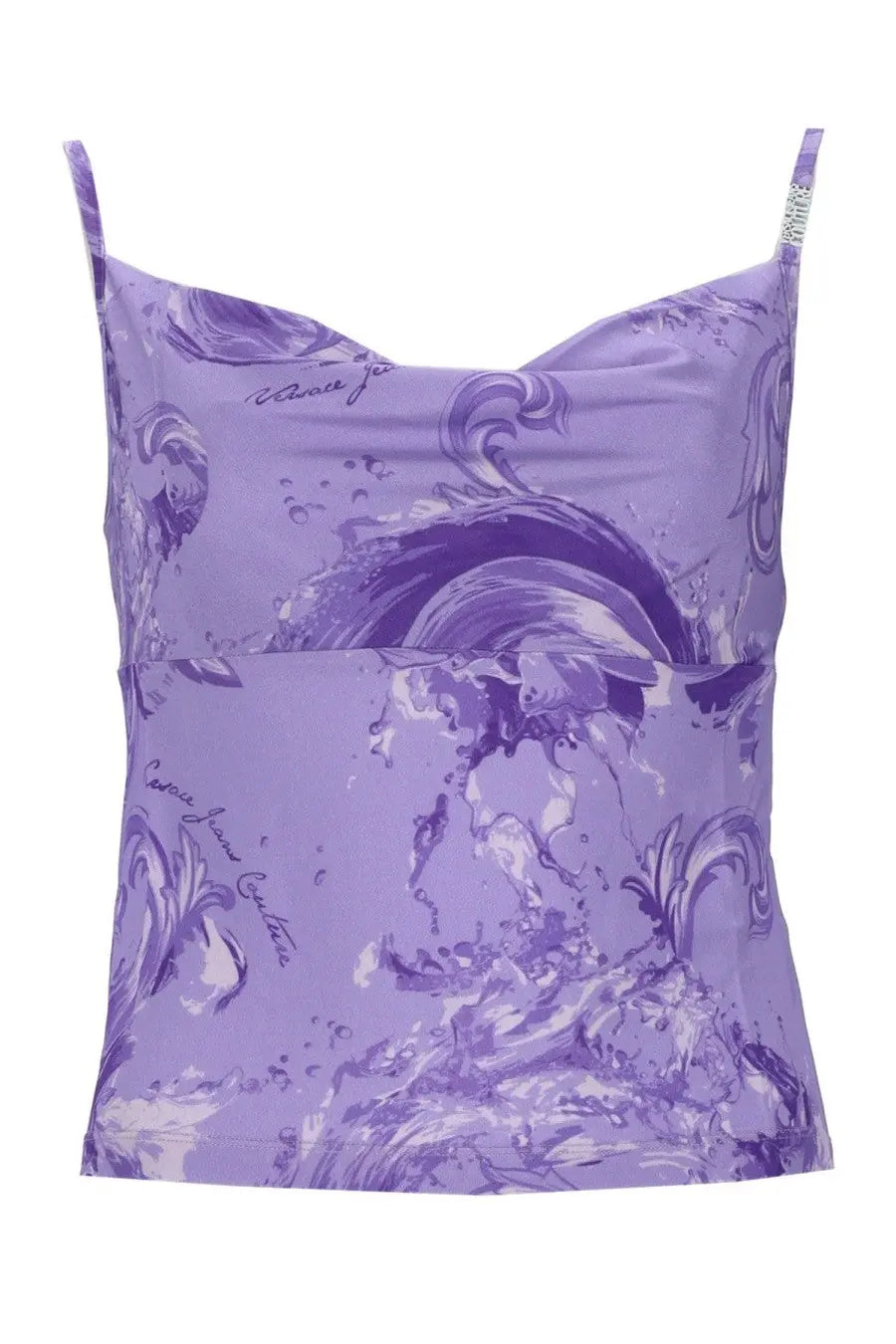 Versace jeans couture women’s top in viscosa purple satin camisole with swirling water and script print