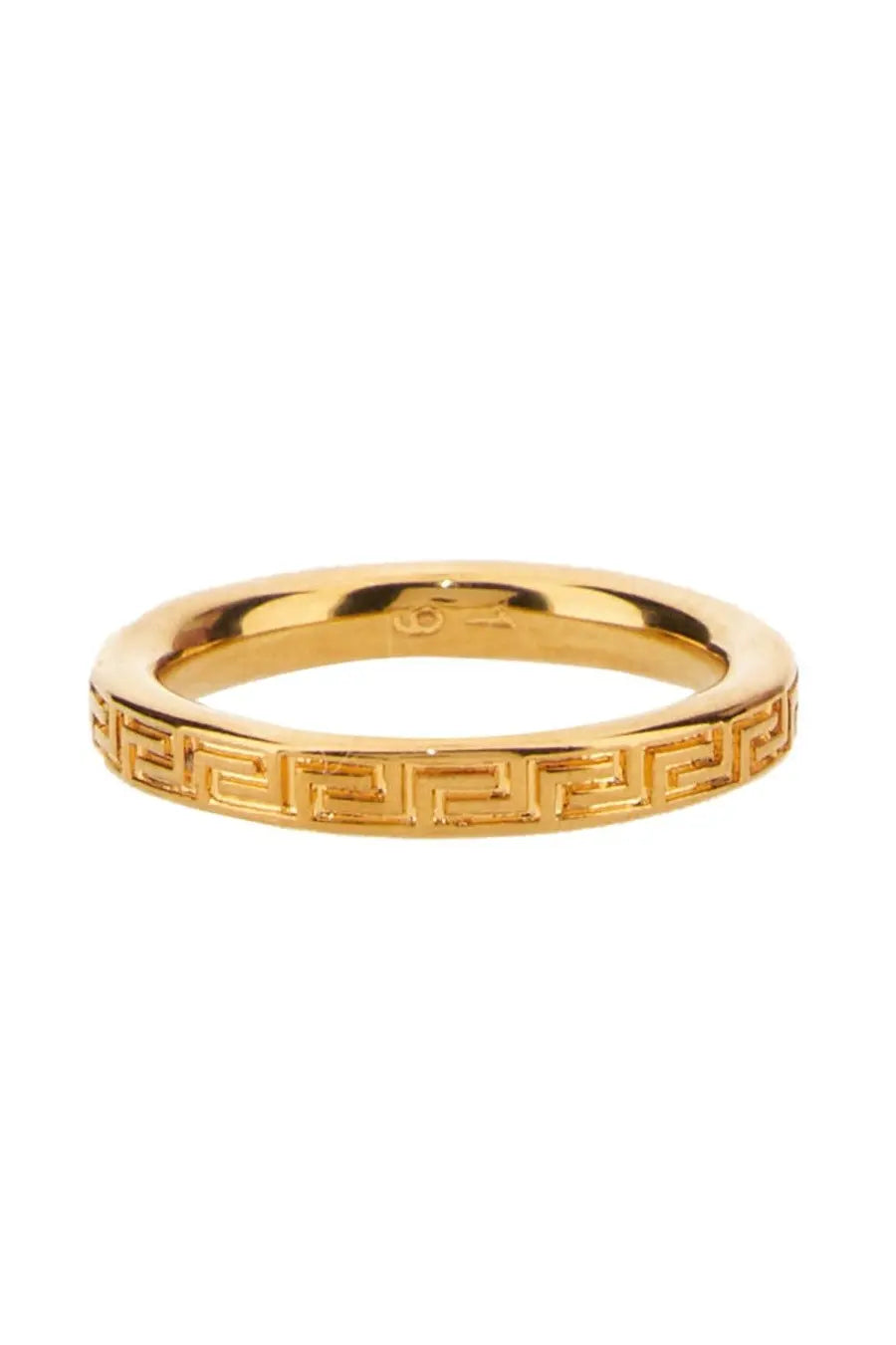 Versace men’s gold-toned ring featuring a continuous Greek key pattern engraved along the band