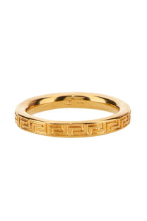 Versace men’s gold-toned ring featuring a continuous Greek key pattern engraved along the band
