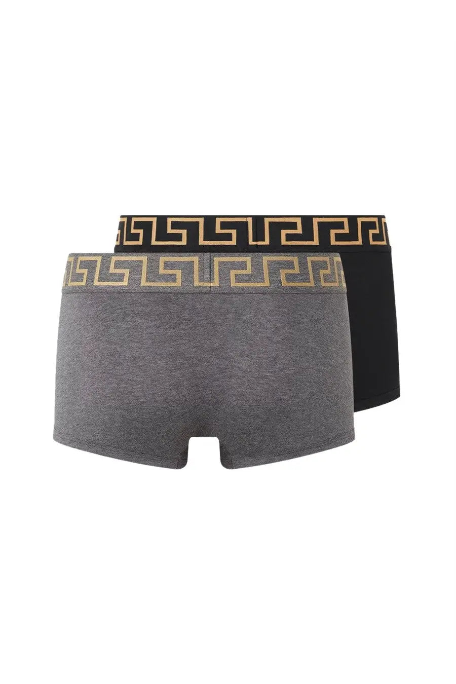 Versace men’s bi pack boxer briefs in gray and black with gold greek key pattern waistbands