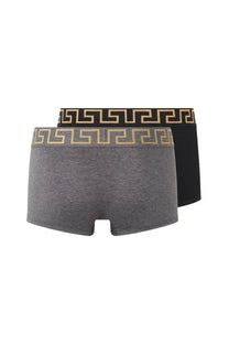 Versace men’s bi pack boxer briefs in gray and black with gold greek key pattern waistbands