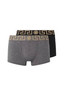 Versace men’s bi pack boxer briefs in gray and black with gold greek key patterns and medusa head waistband logos