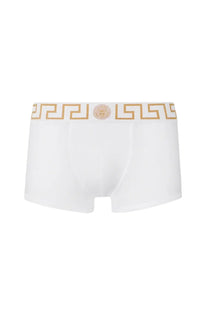 Versace men’s boxer con greca white briefs with gold greek key pattern and medusa logo on waistband