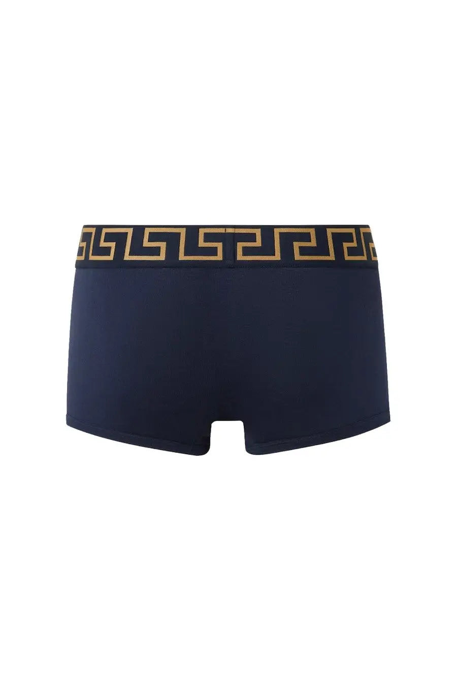 Versace men’s boxer shorts in navy blue with a gold greek key pattern on the waistband