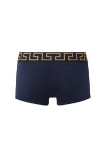 Versace men’s boxer shorts in navy blue with a gold greek key pattern on the waistband