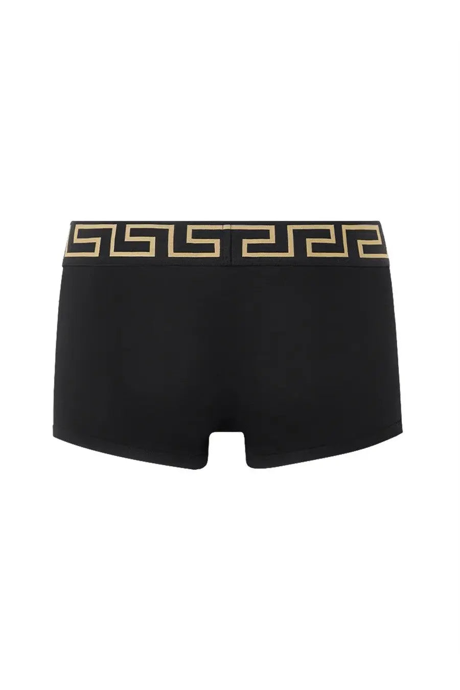 Versace men’s grey boxer shorts featuring black briefs with a gold Greek key pattern on the waistband