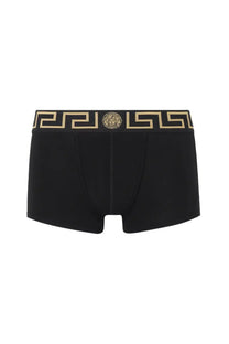 Versace men’s black briefs with gold Greek key pattern and Medusa head emblem on waistband in boxer shorts style