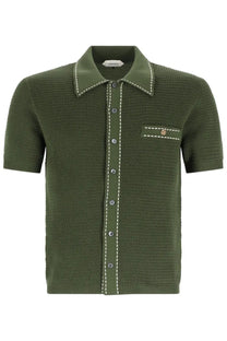 Versace men’s camicia in maglia di cotone green olive green knitted polo shirt with white stitching and button-down front