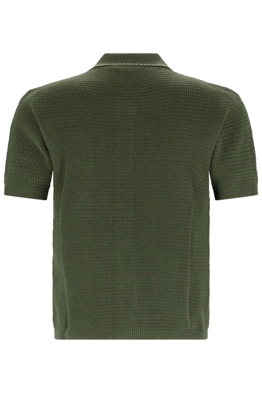 Versace men’s olive green short-sleeved polo shirt with textured knit pattern and ribbed collar in cotton blend