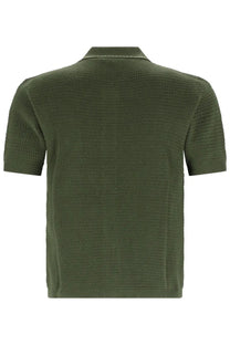 Versace men’s olive green short-sleeved polo shirt with textured knit pattern and ribbed collar in cotton blend
