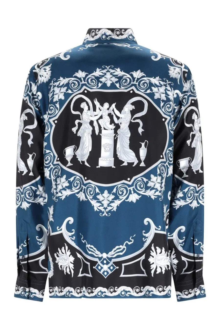Blue versace men’s camicia shirt in silk with white and black classical motif print
