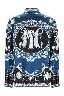 Blue versace men’s camicia shirt in silk with white and black classical motif print