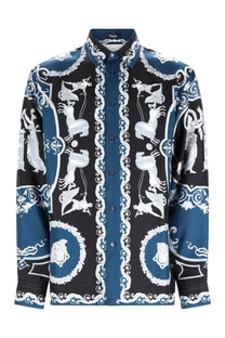 Versace men’s long-sleeved button-up camicia in seta stampata multicolor with navy blue and black baroque print
