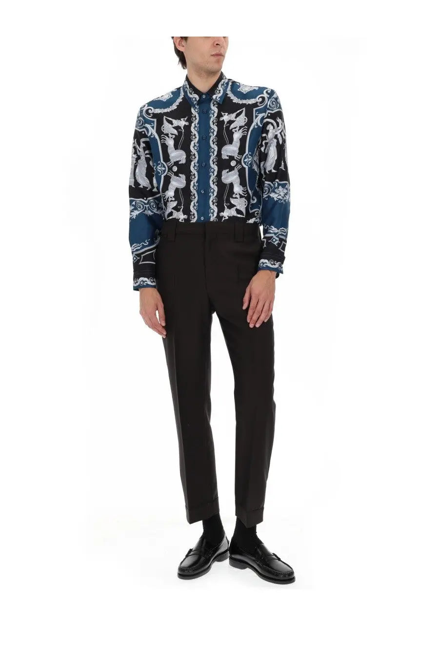 Versace men’s navy blue and white patterned long-sleeved silk shirt with baroque design and mandarin collar