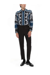Versace men’s navy blue and white patterned long-sleeved silk shirt with baroque design and mandarin collar