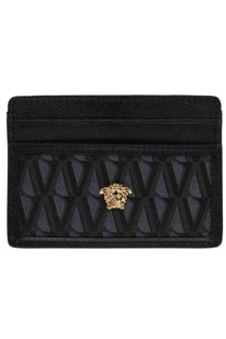 Versace men’s card holder in black leather with gold medusa head and geometric patterned panel