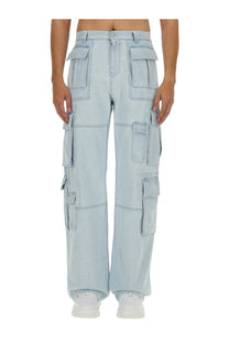 Versace men’s cargo jeans blue featuring light blue denim with multiple pockets and a relaxed wide-leg cut