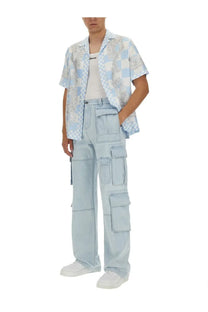 Versace men’s light blue denim cargo jeans with multiple pockets and a relaxed fit