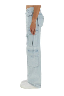 Versace men’s light-wash denim cargo jeans in blue with multiple pockets and a relaxed straight-leg cut