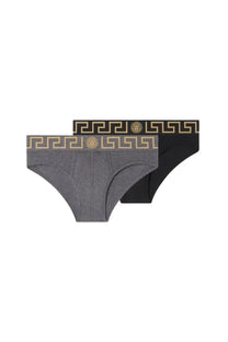 Versace men’s confezione da due slip multicolor gray and black briefs with gold Greek key patterns and Medusa head logos waistband
