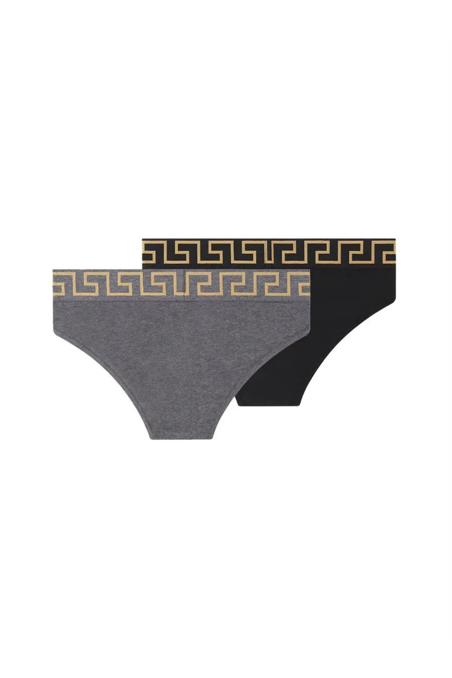 Versace men’s confezione da due slip multicolor gray and black briefs with gold greek key waistband pattern