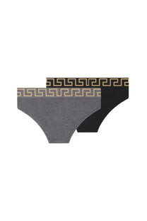 Versace men’s confezione da due slip multicolor gray and black briefs with gold greek key waistband pattern