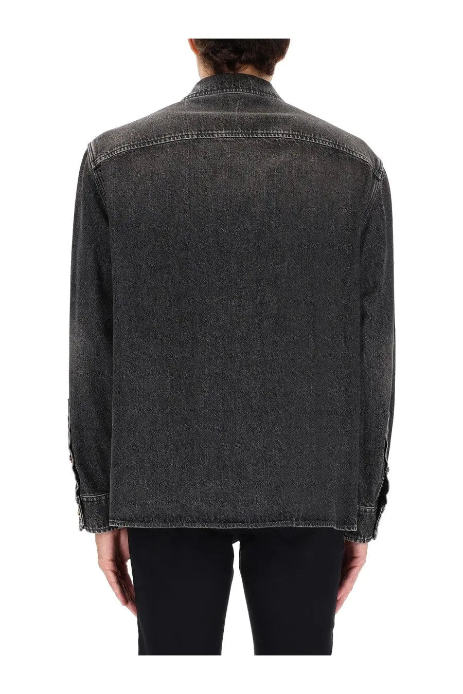 Dark gray versace men’s denim jacket with classic faded wash and visible stitching on seams