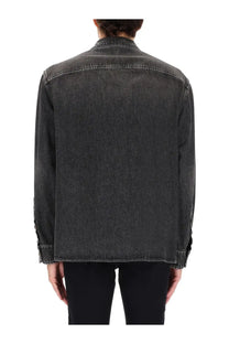 Dark gray versace men’s denim jacket with classic faded wash and visible stitching on seams
