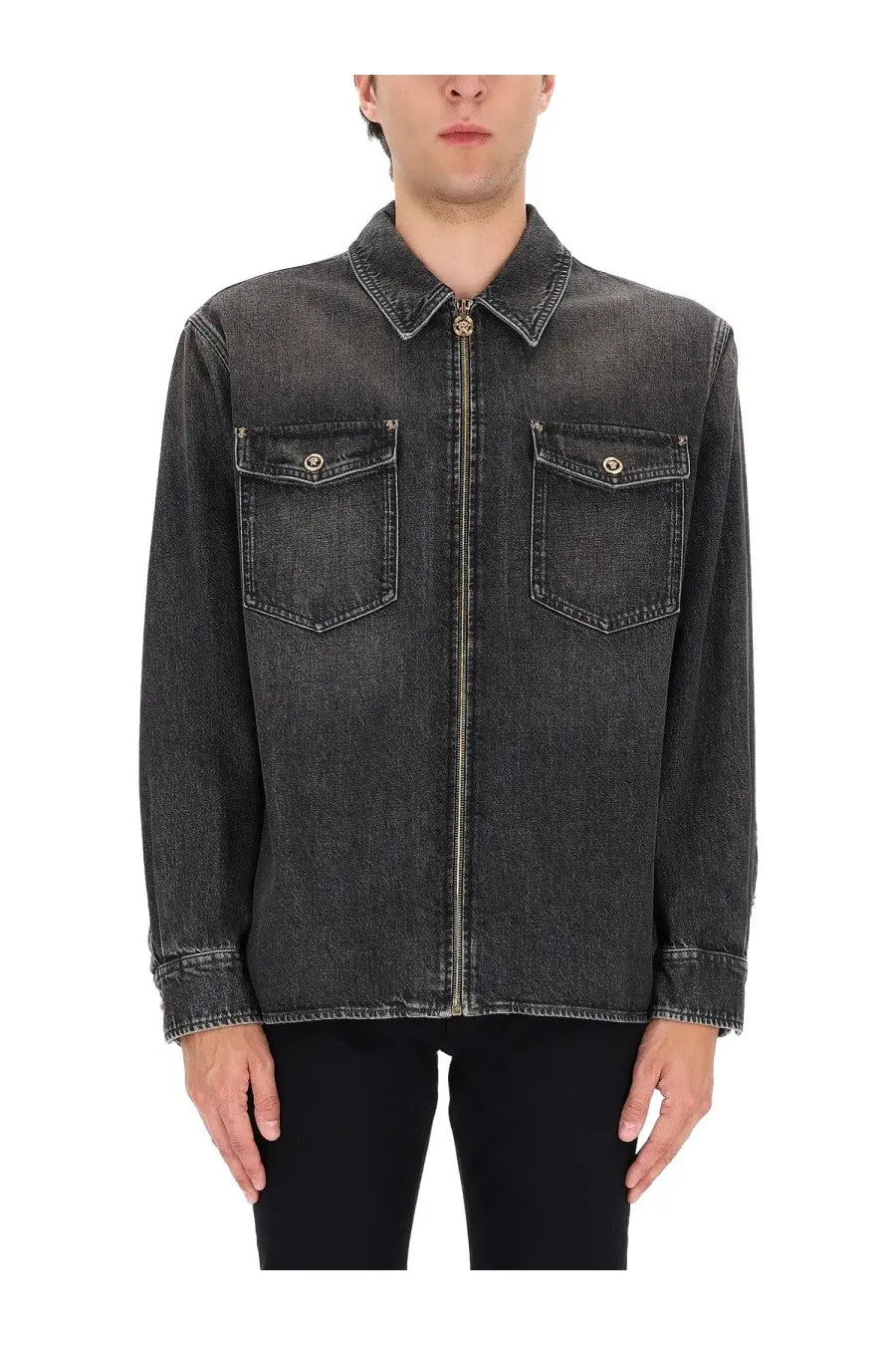 Versace men’s dark gray denim jacket with full-length zipper and two chest pockets in black denim material